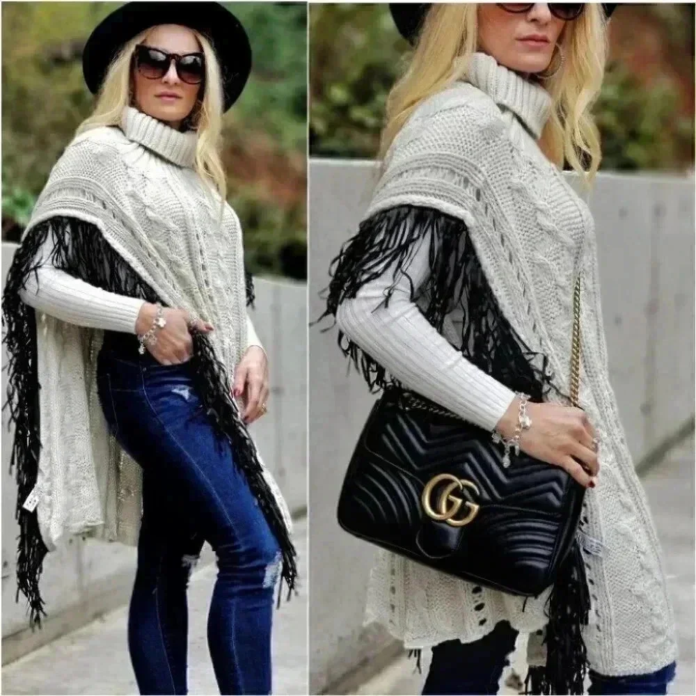 Womens western boho Fringe detailed knit turtleneck Sweater Poncho